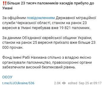 В Умань уже прибыли более 23 тысяч хасидов для празднования еврейского Нового года