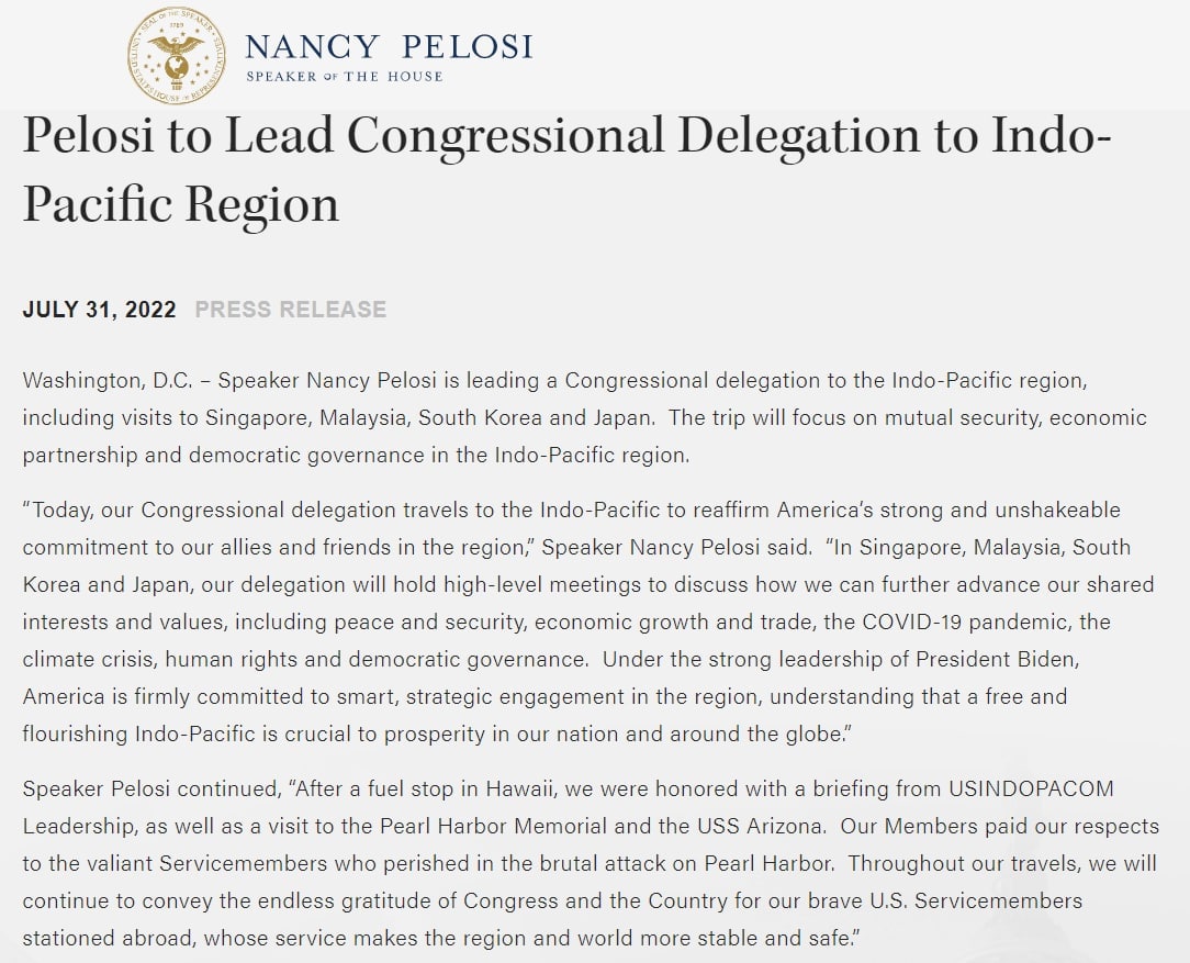 Скриншот сообщения пресс-службы Пелоси