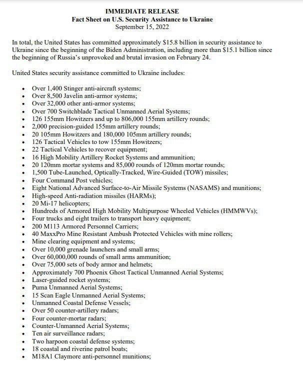 Полный список переданного Украине оружия - Пентагон