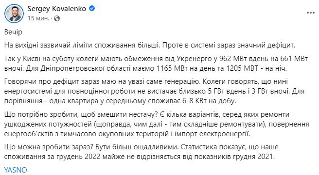 Ліміти електроенергії на 28 січня
