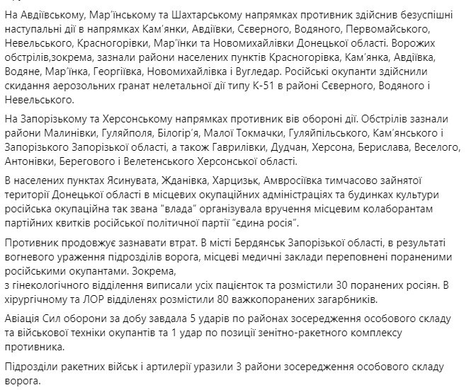 Зведення Генштабу ЗСУ станом на 18:00 10 березня 2023 року