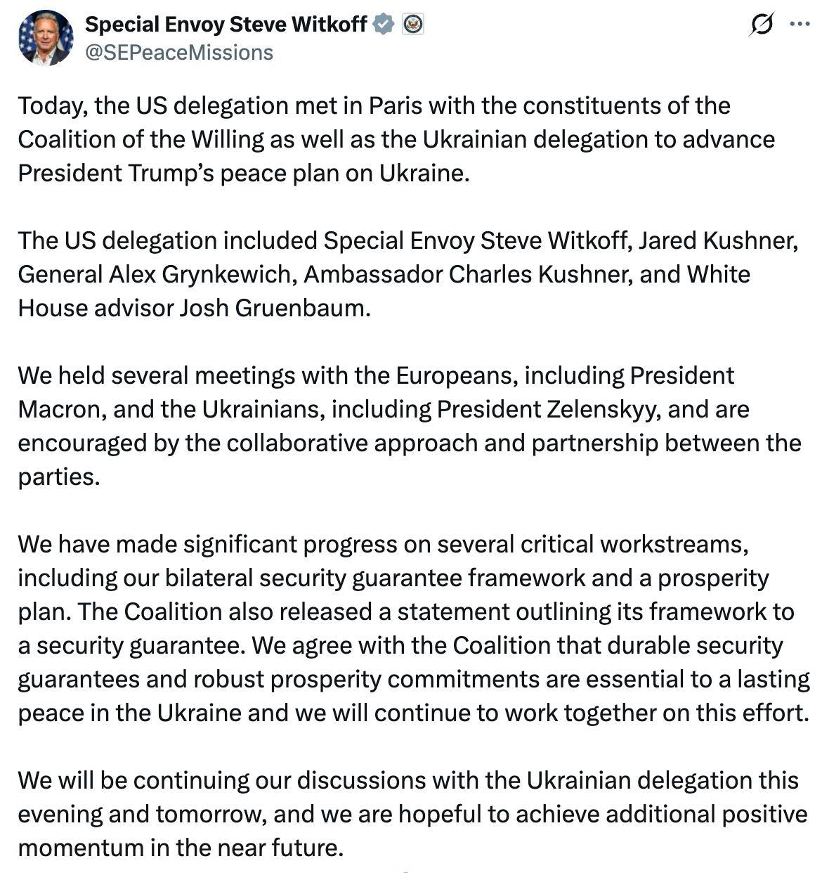 Полное заявление Уиткоффа по итогам переговоров с коалицией желающих в Париже касательно гарантий безопасности Украины