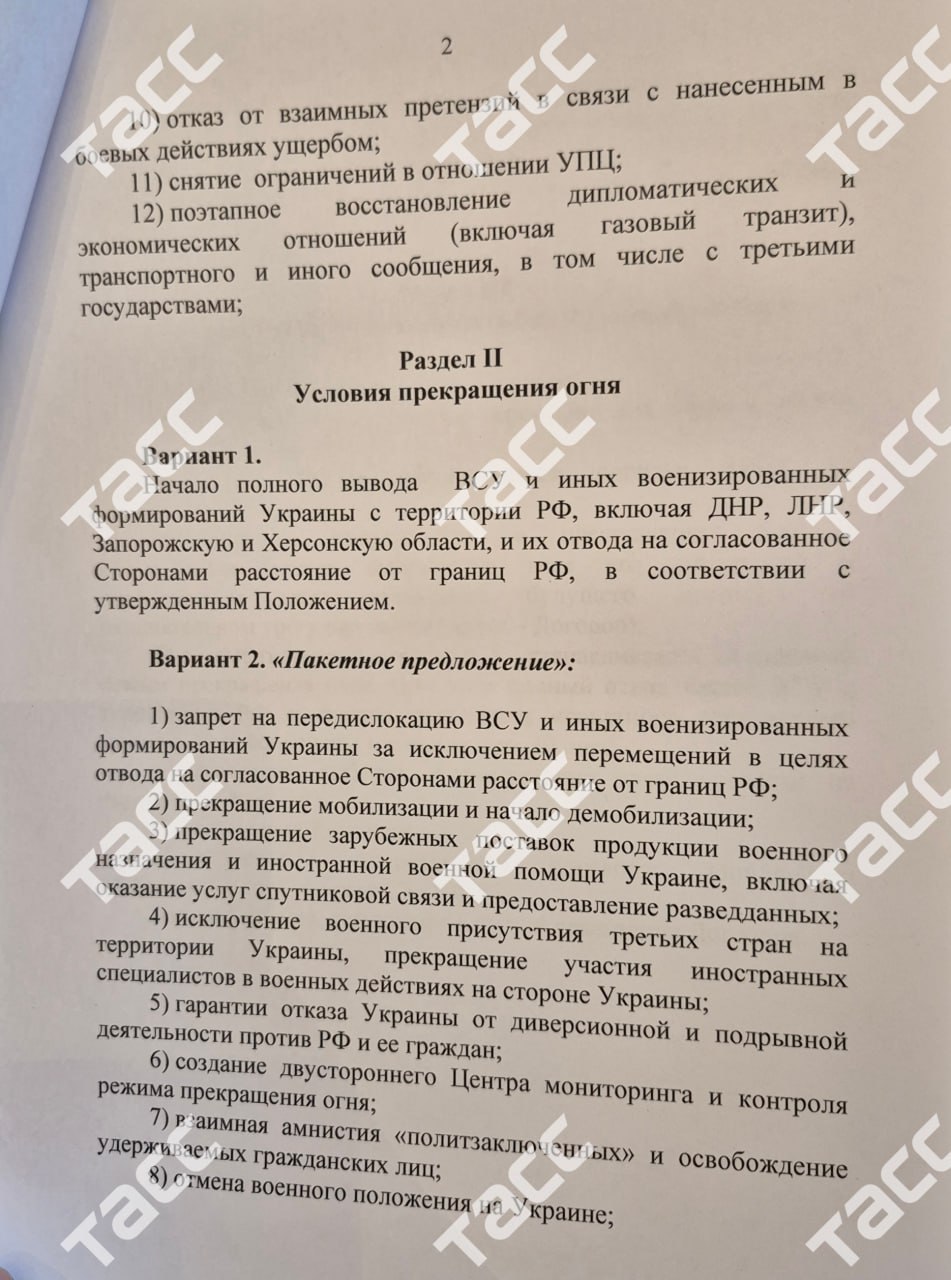 Меморандум РФ, переданный украинской делегации на переговорах в Стамбуле. Документ
