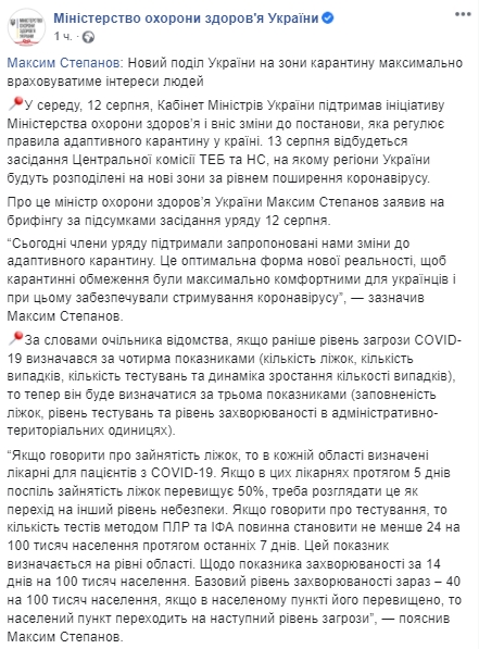 13 августа в Украине определят новые зоны карантина. Скриншот: Facebok/ Министерство здравоохранения Украины