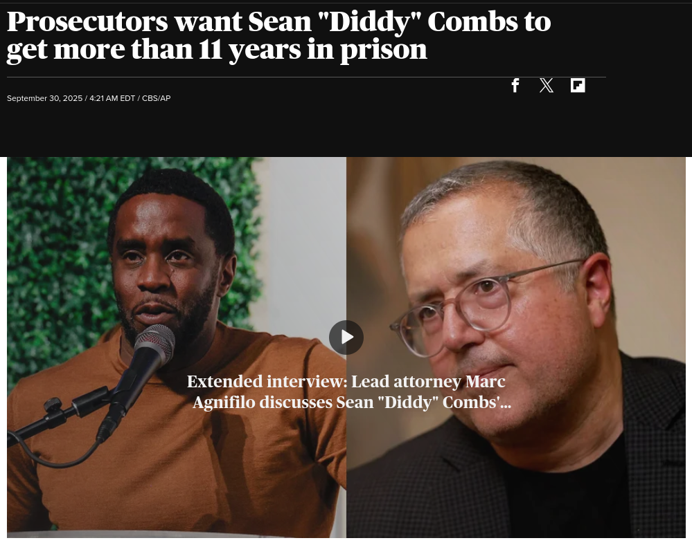Снимок заголовка на cbsnews.com/news/sean-diddy-combs-prosecutors-11-year-prison-sentence/
