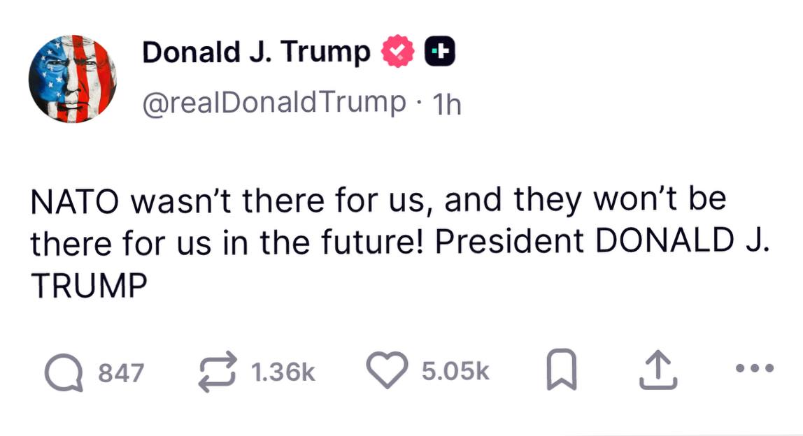Снимок заголовка на truthsocial.com – Дональд Трамп обвиняет НАТО в отсутствии помощи