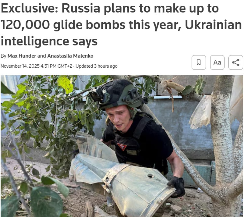 Снимок заголовка на  reuters.com - Россия увеличивает производство авиабомб для войны с Украиной 