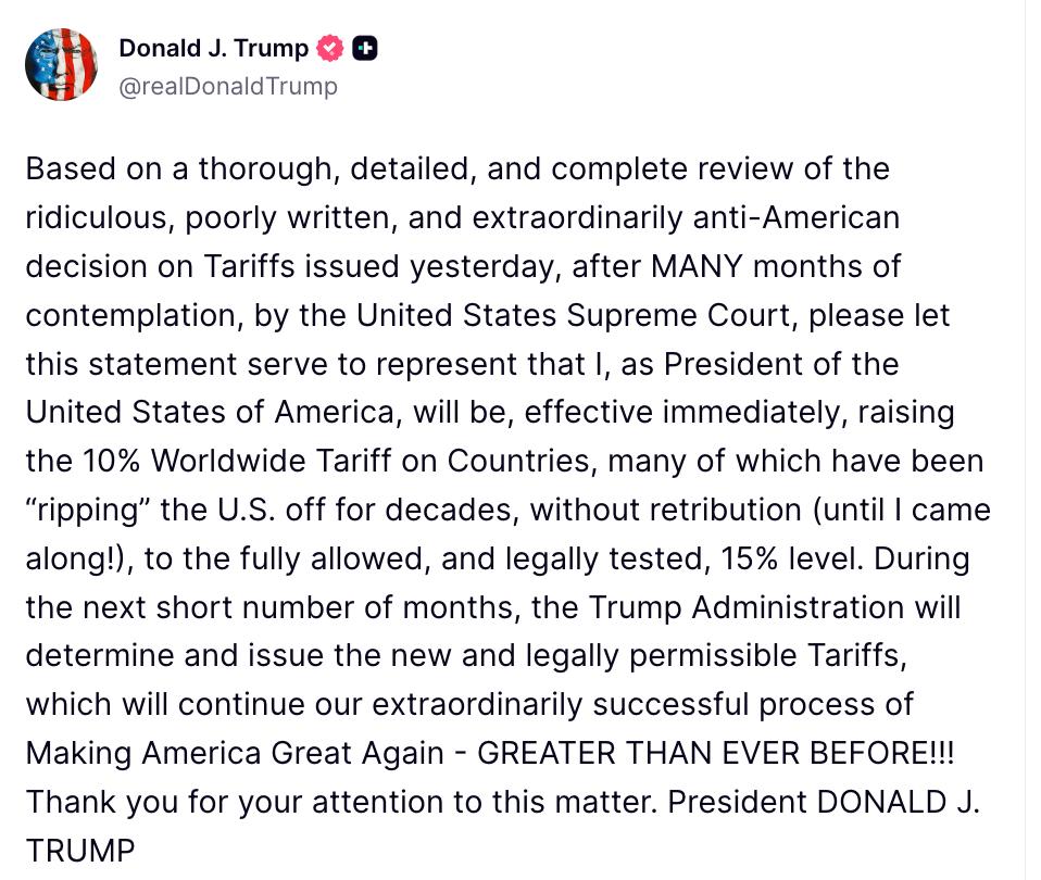 Снимок сообщения на truthsocial.com – Трамп поднял общий тариф на импорт до 15 процентов