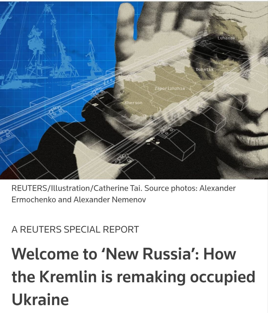 Снимок заголовка на reuters.com – Россия ведёт масштабные работы на оккупированных территориях Украины