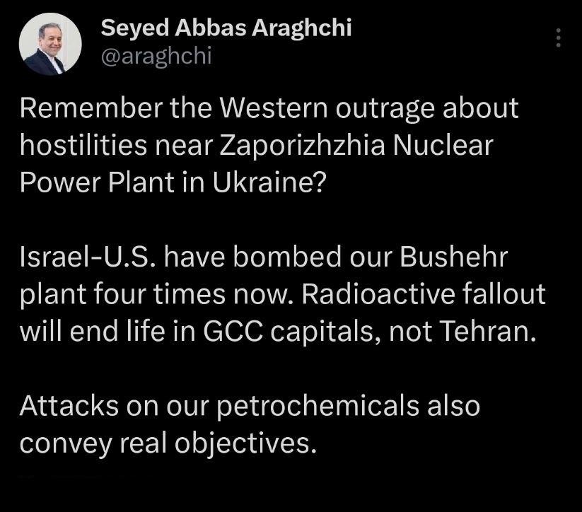 Снимок сообщения в Х &ndash; Аббас Аракчи прокомментировал удар по атомной станции Ирана в Бушере