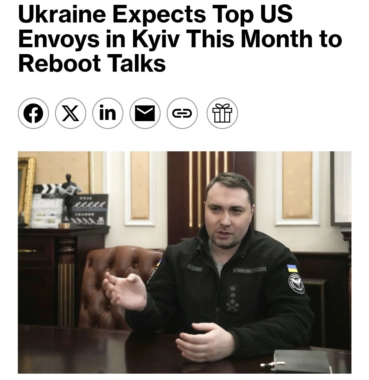 Снимок заголовка на bloomberg.com – Буданов анонсировал визит делегации США в Украину
