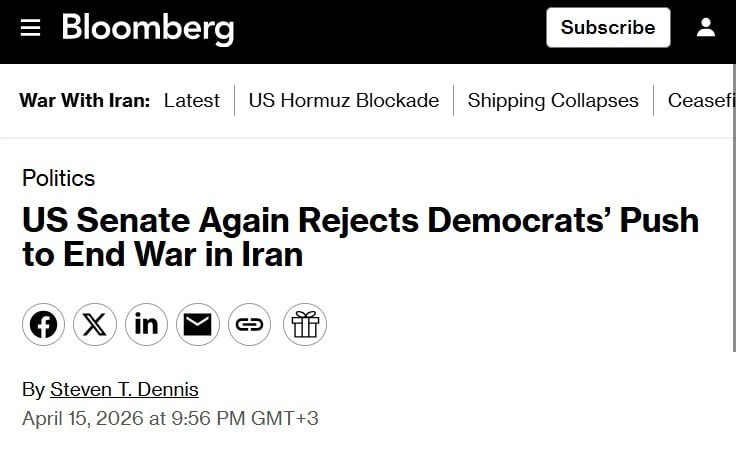 Снимок заметки на bloomberg.com – Сенат США во второй раз отклонил предложение демократов о прекращении войны с Ираном