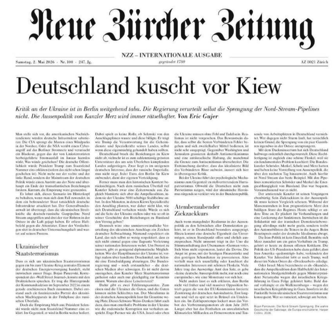 Снимок заголовка на nzz.ch – Швейцарский журналист критикует Украину и отношение Германии к Киеву