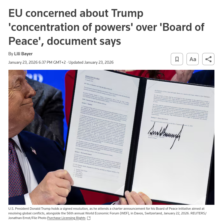 Снимок заголовка на reuters.com - Евросоюз с опаской относится к Совету мира, созданному Трампом