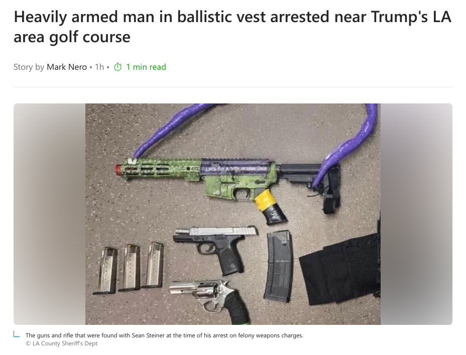 Снимок заголовка на msn.com – Возле гольф-клуба Трампа задержали мужчину, обвешанного оружием