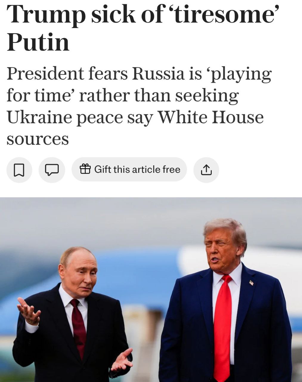 Снимок заголовка на telegraph.co.uk - Захват США нефтяного танкера под флагом РФ стал сигналом Трампа Путину