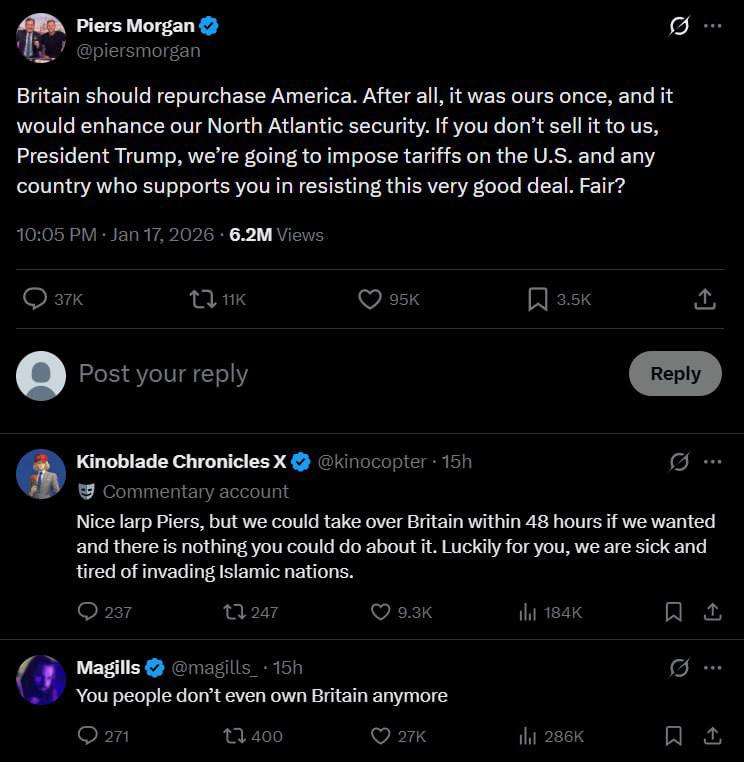 Снимок сообщения в Х - Журналист из Британии пошутил над претензиями Трампа к Гренландии