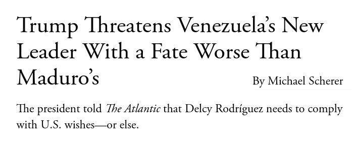Снимок заголовка на theatlantic.com - Трамп угрожает вице-президенту Венесуэлы и заявляе о правах США на Гренландию